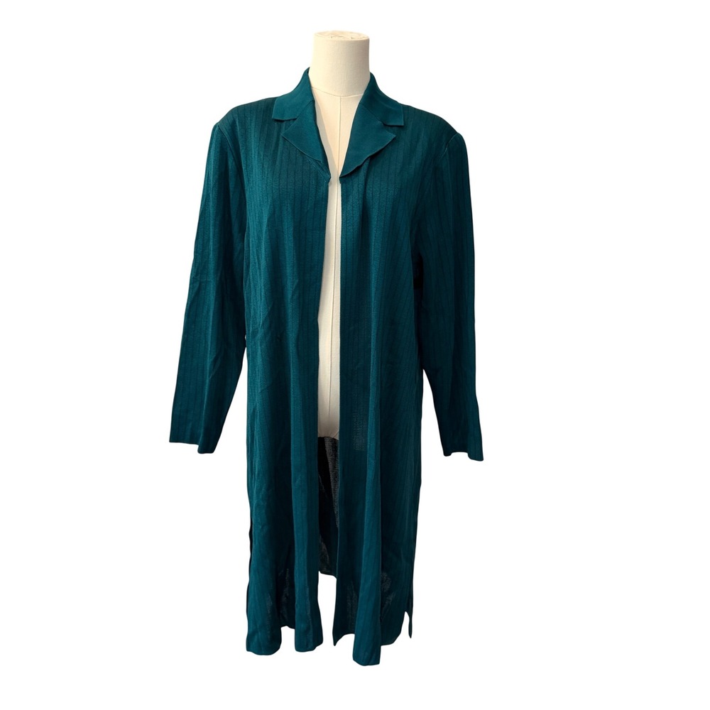 Exclusively Misook Ribbed Knit Open Front Longline Cardigan Green Minimalist XL